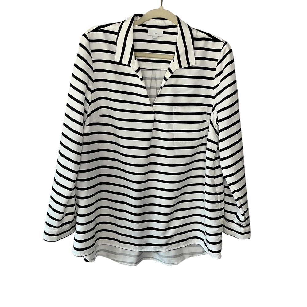 J. Jill Womens Black White Striped Roll Tab Sleeve Popover Blouse Size L